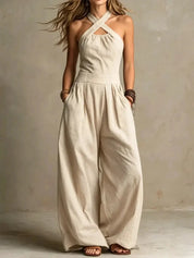 Amelia Green | Linen Blend Halter Wide Leg Jumpsuit in Beige