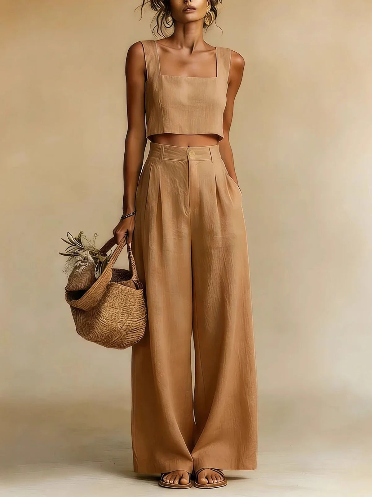 Harper Evans | Yellow Linen Crop Top & Wide Leg Palazzo Pants Set