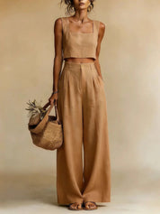 Harper Evans | Yellow Linen Crop Top & Wide Leg Palazzo Pants Set