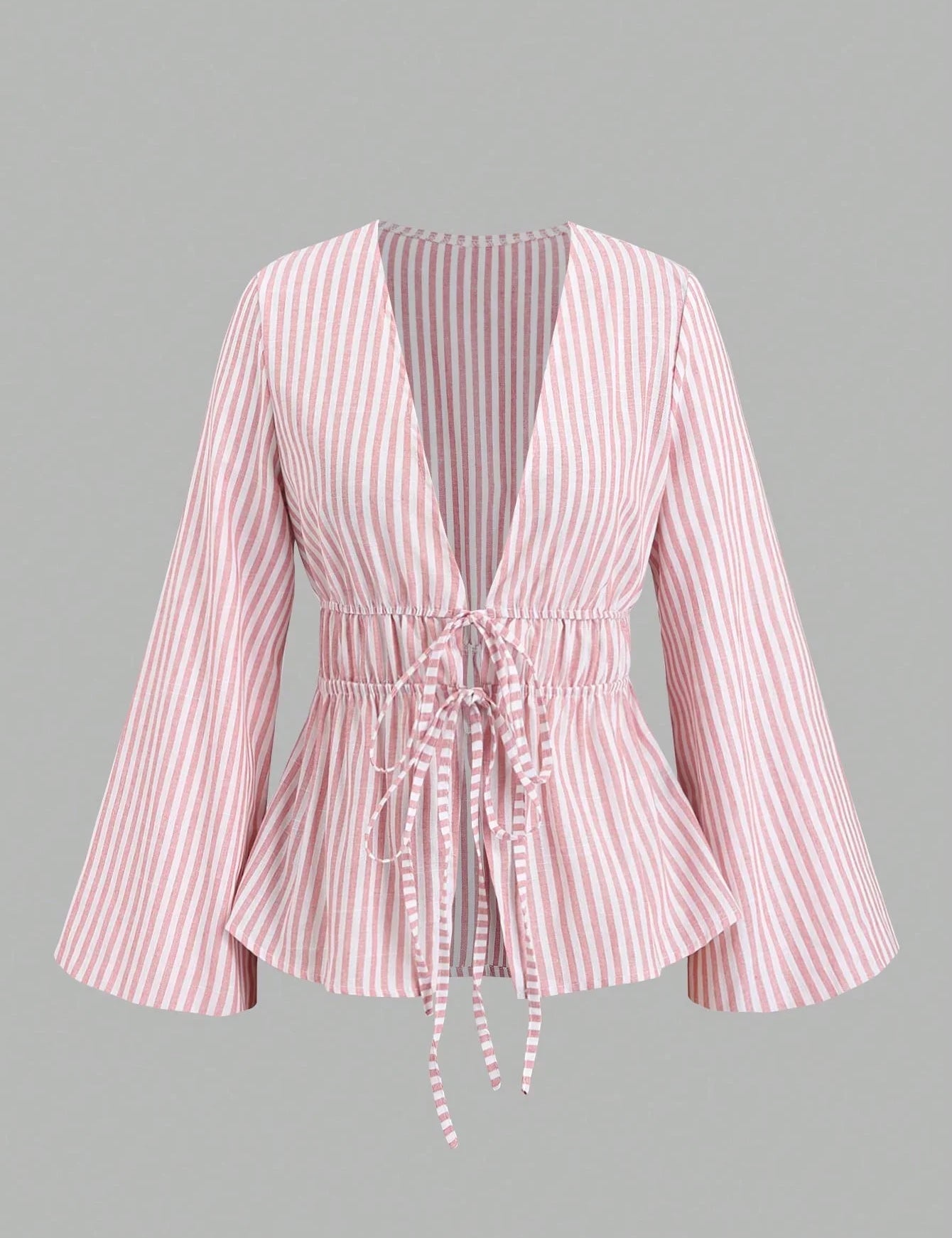 Sylvie Marchand | Blue Striped Deep V-Neck Blouse with Tie Front For Women