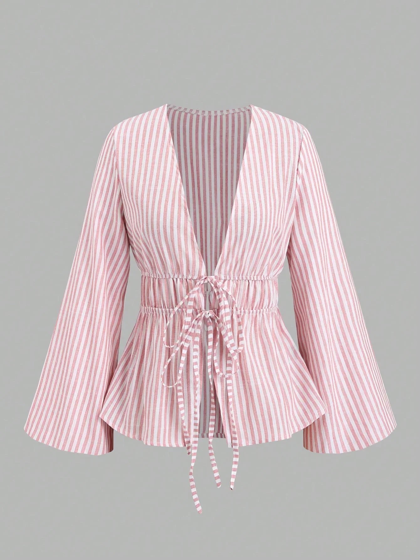 Sylvie Marchand | Blue Striped Deep V-Neck Blouse with Tie Front For Women
