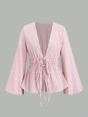 Sylvie Marchand | Blue Striped Deep V-Neck Blouse with Tie Front For Women