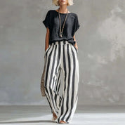 Zoey Walker | Linen Cotton Wide-Leg Striped Two-Piece Set