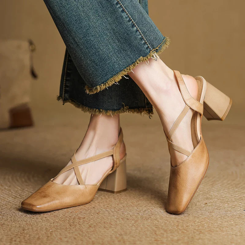 Aurelie Blackmore | Tan Leather Block Heel Slingback Sandal