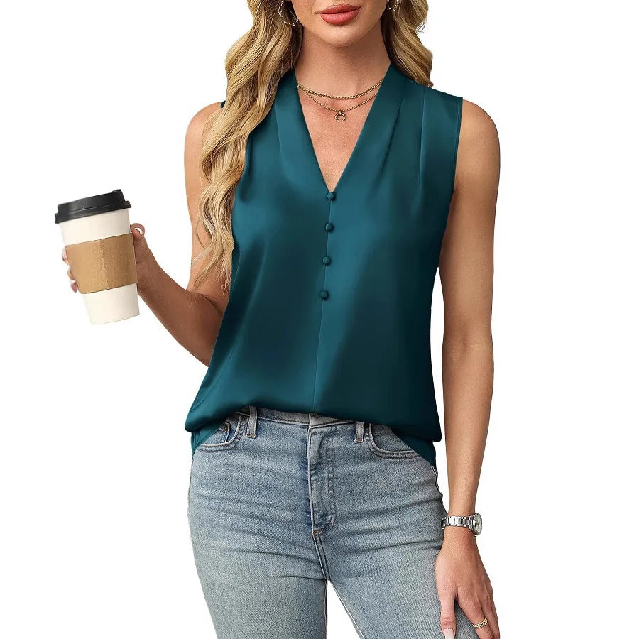 Zoey Anderson | Sleeveless Satin V-Neck Blouse in Camel