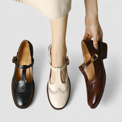 Celestine Browning | Cream Leather T-Strap Brogue Mary Jane Flats