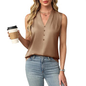 Zoey Anderson | Sleeveless Satin V-Neck Blouse in Camel