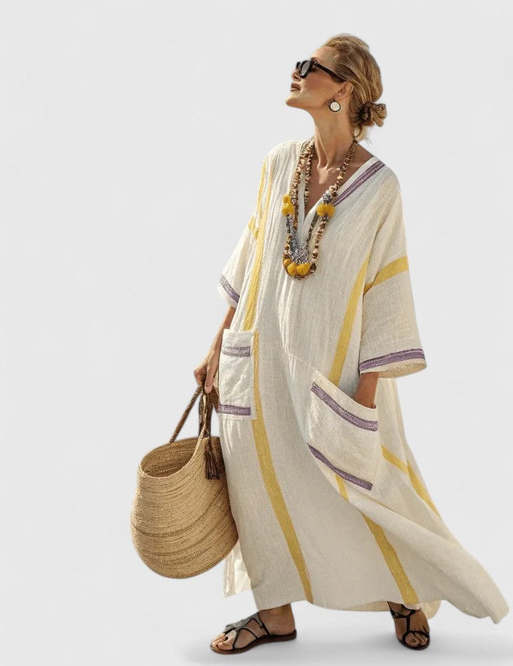 Coralie Deschambault | V-Neck Kaftan Maxi Dress with Stripe Detail