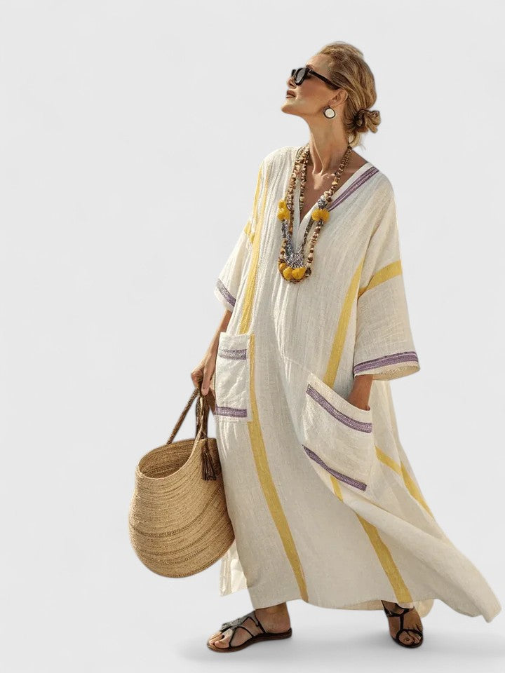 Seraphine Wolvecroft | White Striped V-Neck Maxi Dress