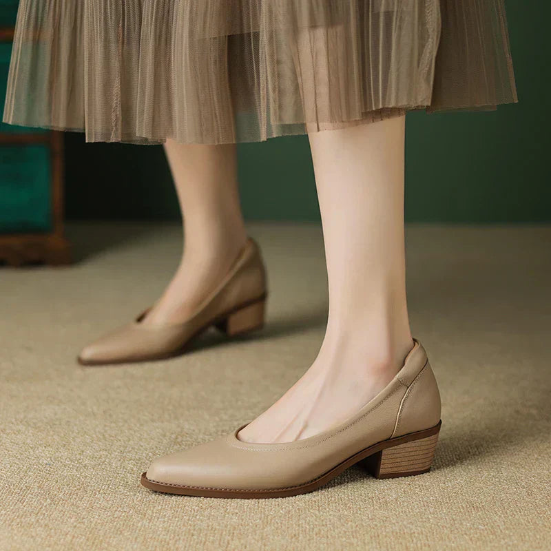 Marianne Delcourt | Beige Pointed Toe Block Heel Slip-On Pumps