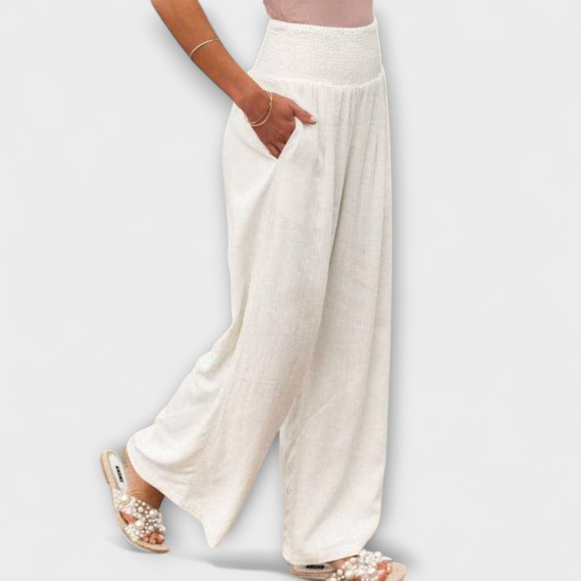 Marguerite Soleil | Coral Wide-Leg Linen Pants with Smocked Waist