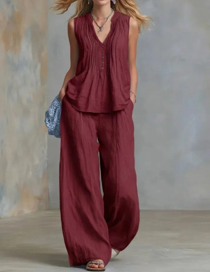 Margot Delacroix | Pleated V-Neck Wide-Leg Two Piece Set For Women