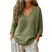Aubrey Nelson | Cotton Linen V-Neck Long Sleeve Casual Top For Women