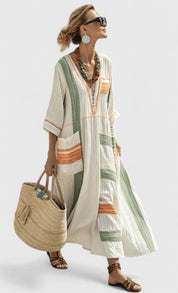 Coralie Deschambault | V-Neck Kaftan Maxi Dress with Stripe Detail