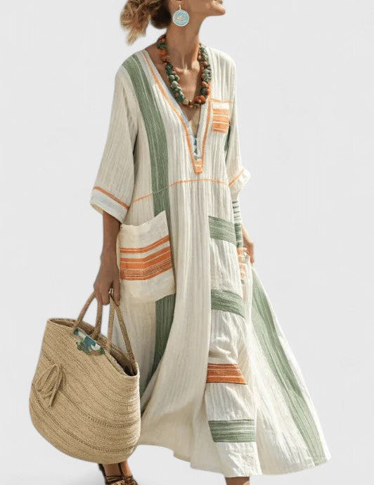Coralie Deschambault | V-Neck Kaftan Maxi Dress with Stripe Detail