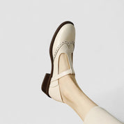 Celestine Browning | Cream Leather T-Strap Brogue Mary Jane Flats