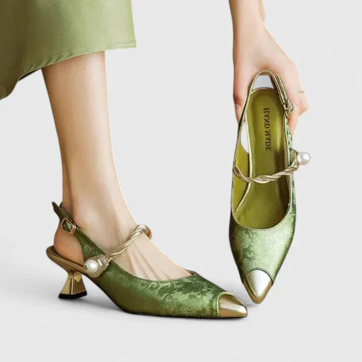 Seraphielle Fontclair | Green Floral Kitten Heel Slingback with Pearl Strap