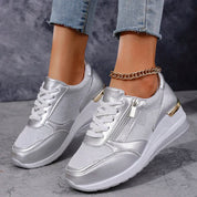 Elara Vanthorpe | Silver Metallic Platform Sneakers with Side Zipper