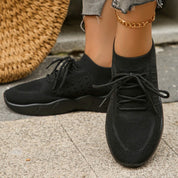 Emmeline Vaudreau | Beige Knit Lace-Up Sneakers for Women
