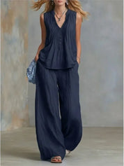 Margot Delacroix | Pleated V-Neck Wide-Leg Two Piece Set For Women