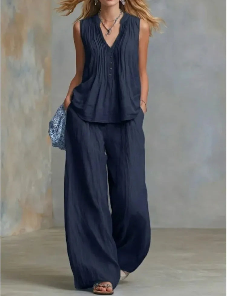 Margot Delacroix | Pleated V-Neck Wide-Leg Two Piece Set For Women