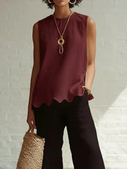 Amelia Wright | Sleeveless Linen-Look Top with Scallop Hem