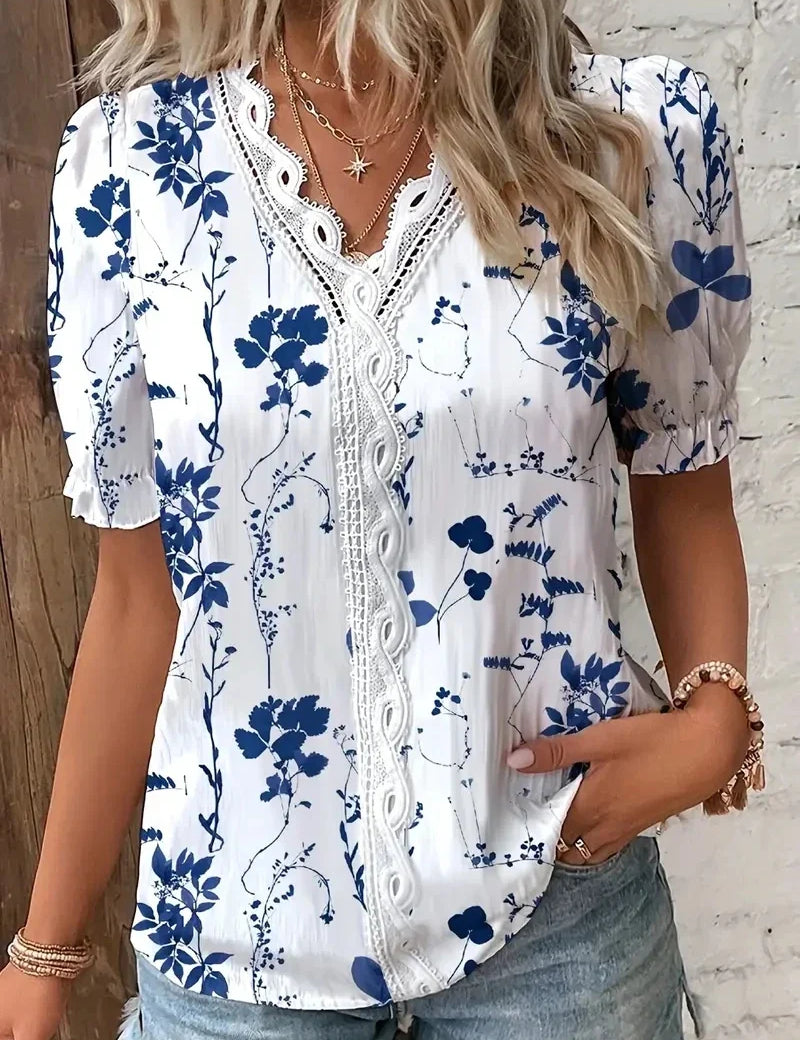Penelope Hall | Floral Print V-Neck Blouse with Lace Trim