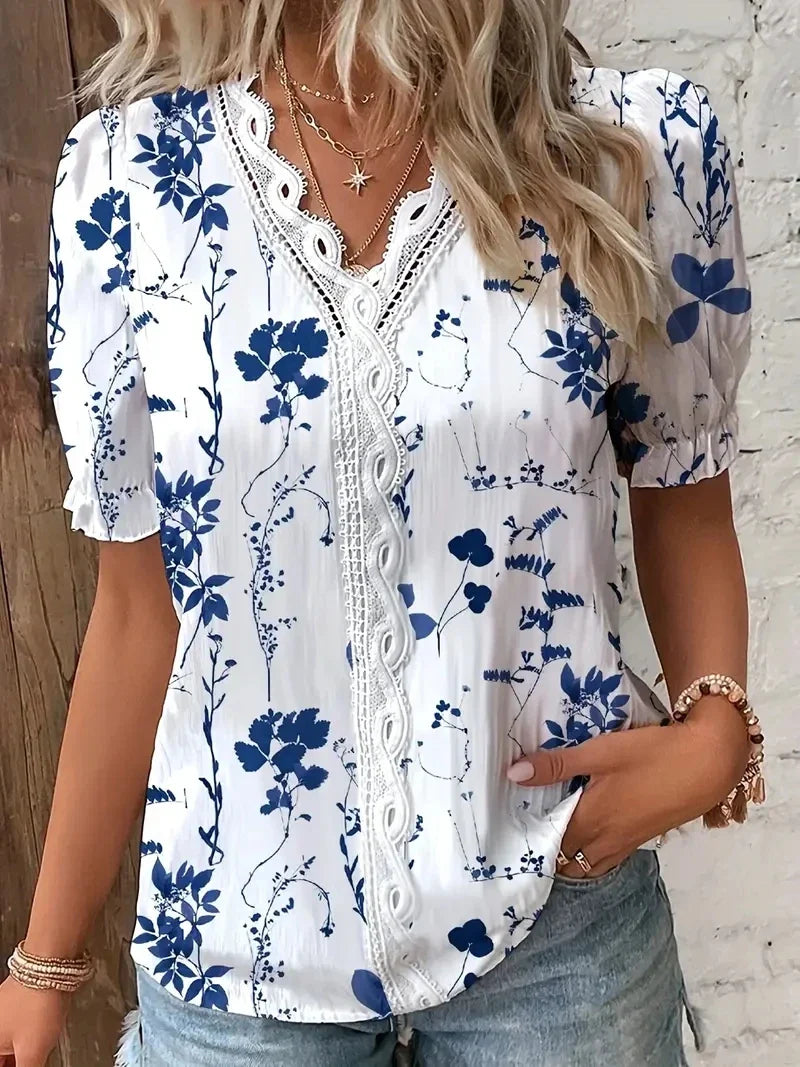 Penelope Hall | Floral Print V-Neck Blouse with Lace Trim