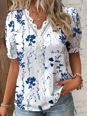 Penelope Hall | Floral Print V-Neck Blouse with Lace Trim