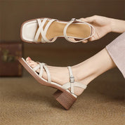 Rosalinde Caverton | Cream Leather Strappy Block Heel Sandals