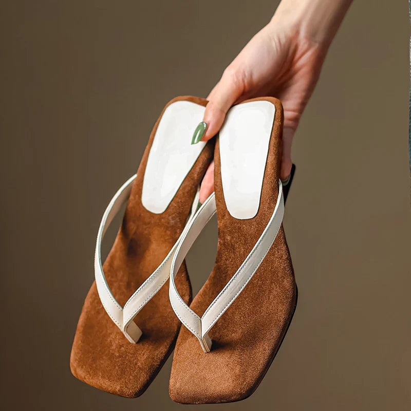Genevra Holsworth | Brown Suede Thong Heel Sandals