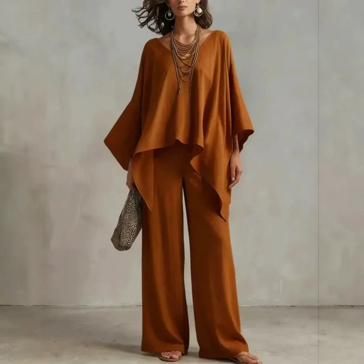 Vivienne Caldwell | Flowing Poncho Top & Wide Leg Pants Two-Piece Set For Women