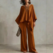 Vivienne Caldwell | Flowing Poncho Top & Wide Leg Pants Two-Piece Set For Women