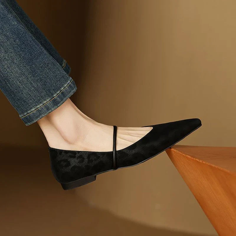 Odette Fairmont | Grey Leopard Pointed-Toe Leather Flats