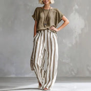 Zoey Walker | Linen Cotton Wide-Leg Striped Two-Piece Set