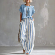 Zoey Walker | Linen Cotton Wide-Leg Striped Two-Piece Set