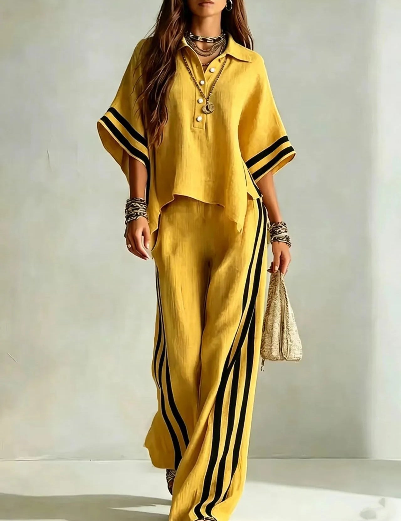 Renata Soleil | Khaki Striped Wide Leg Two-Piece Set For Women