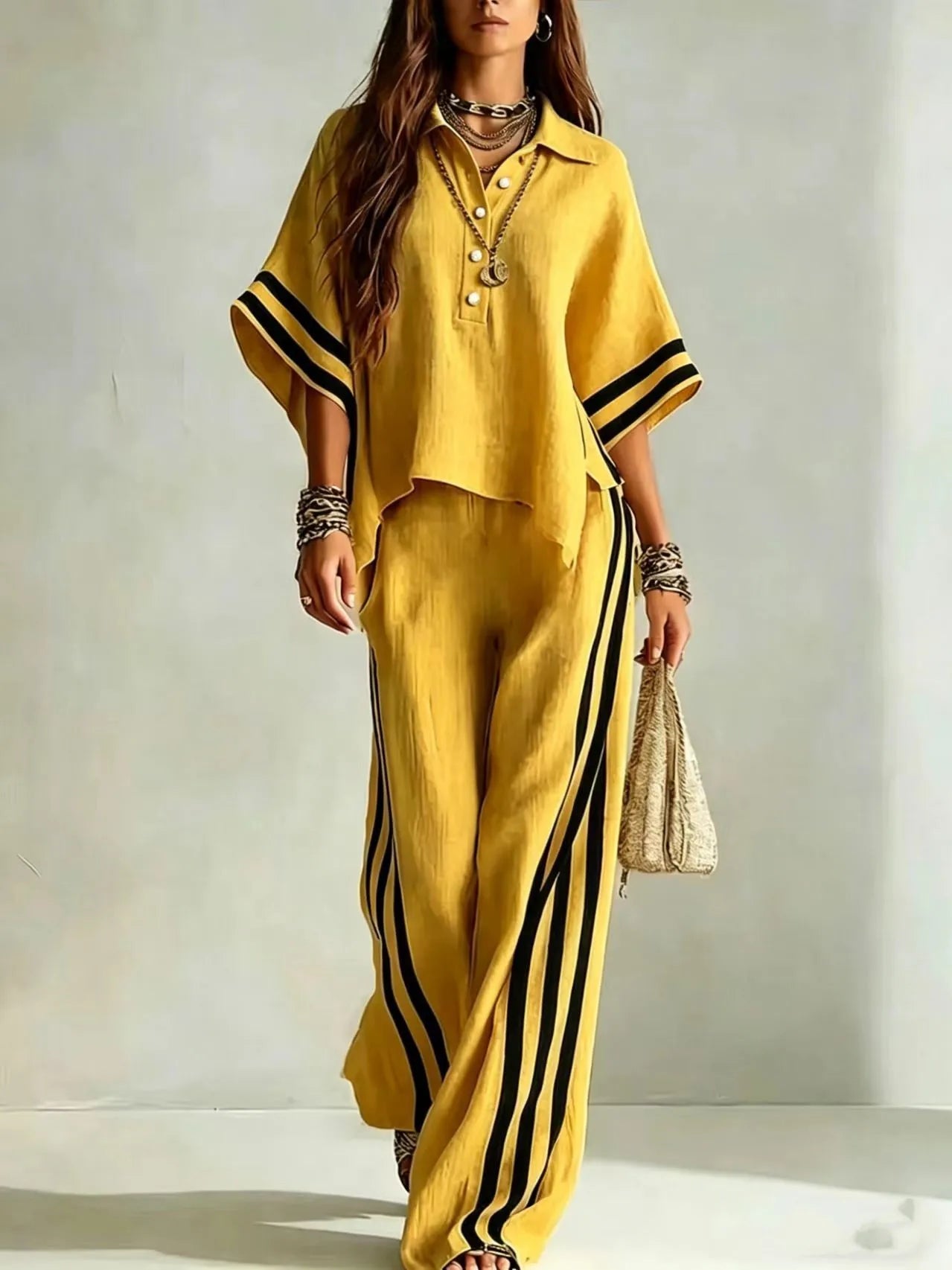 Renata Soleil | Khaki Striped Wide Leg Two-Piece Set For Women