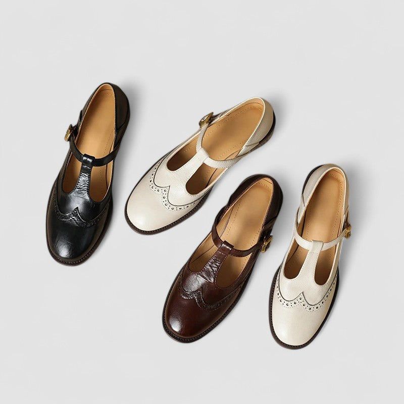 Celestine Browning | Cream Leather T-Strap Brogue Mary Jane Flats