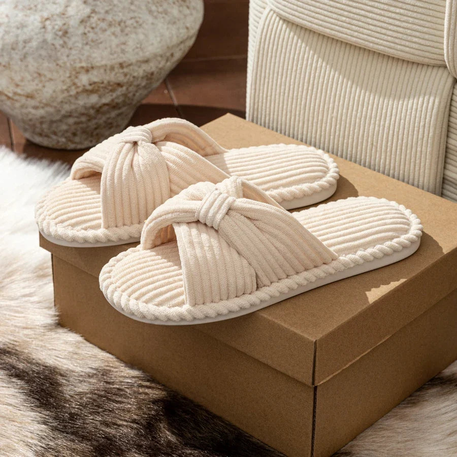 Loretta Wainscroft | Corduroy Bow Slide Slippers in Cream