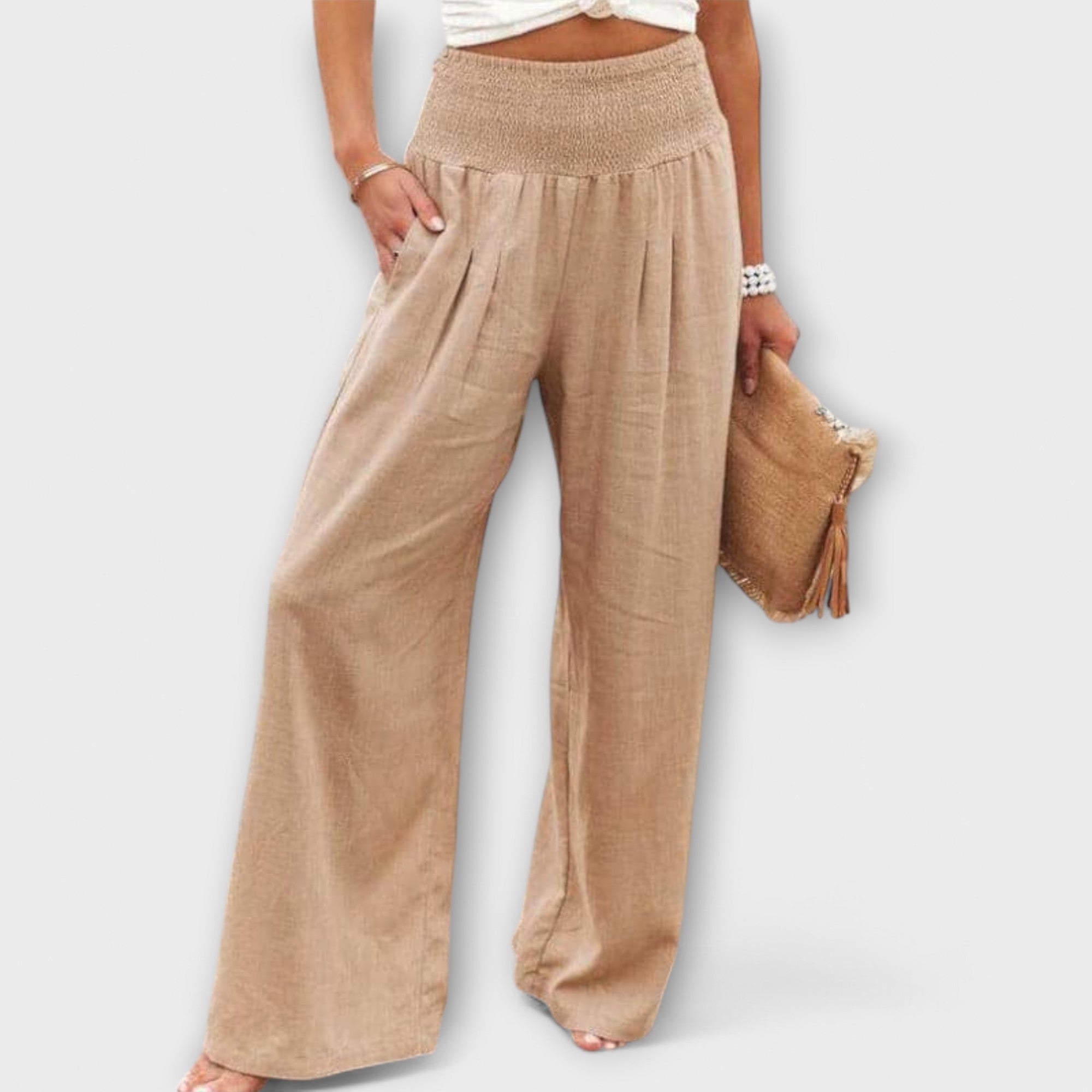 Marguerite Soleil | Coral Wide-Leg Linen Pants with Smocked Waist
