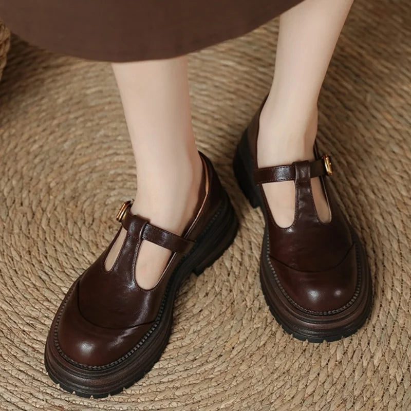Clémence Fairweather | Brown T-Bar Mary Jane Shoes with Brogue Detail
