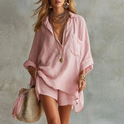 Rosalie Fontaine | Pink Linen Two-Piece Shirt & Shorts Matching Set For Women