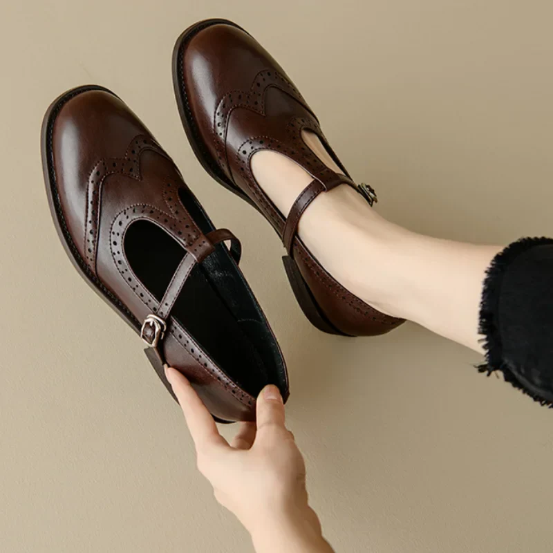 Rowena Delvigne | Brown Brogue T-Strap Mary Jane Low Block Heel