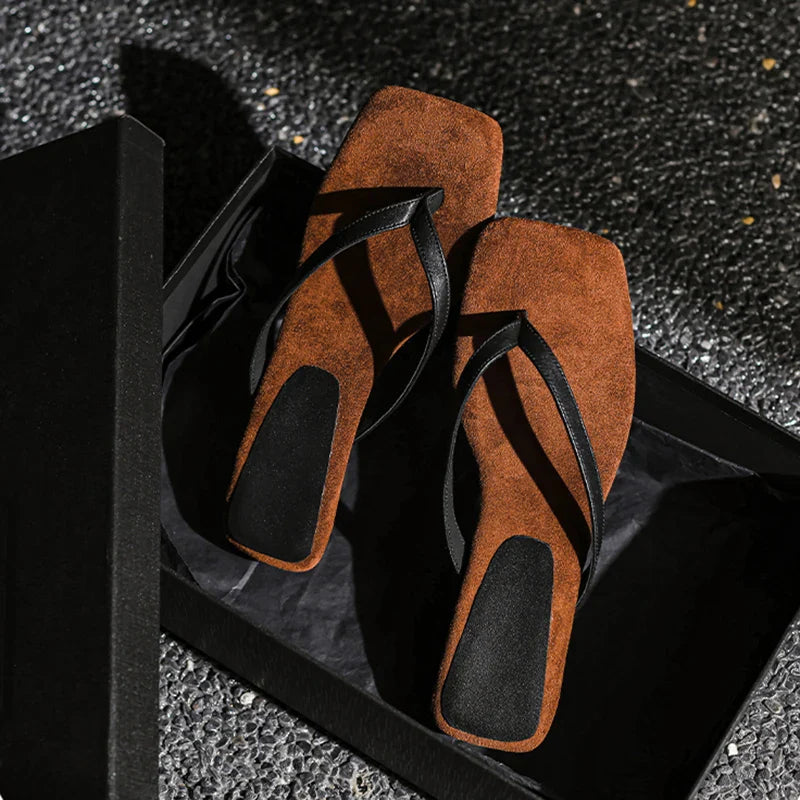 Genevra Holsworth | Brown Suede Thong Heel Sandals