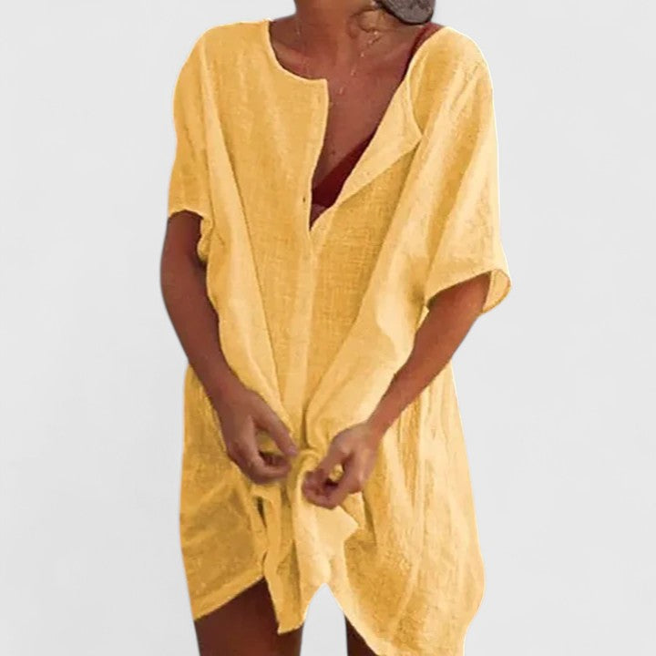 Celinda Marchbourne | White Linen Tunic Dress Short Sleeve