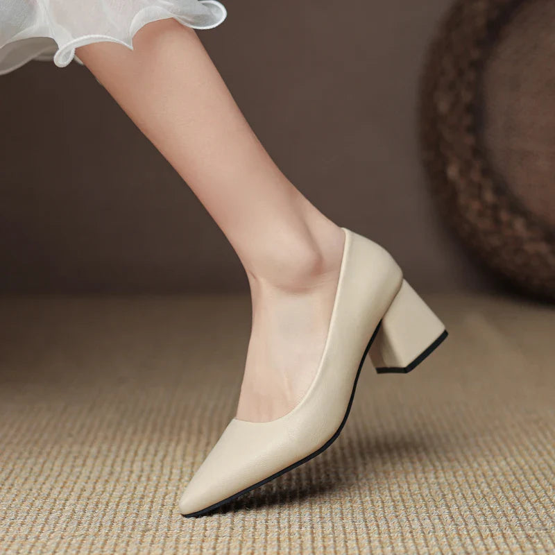 Arabella Kensington | White Block Heel Pointed-Toe Pumps