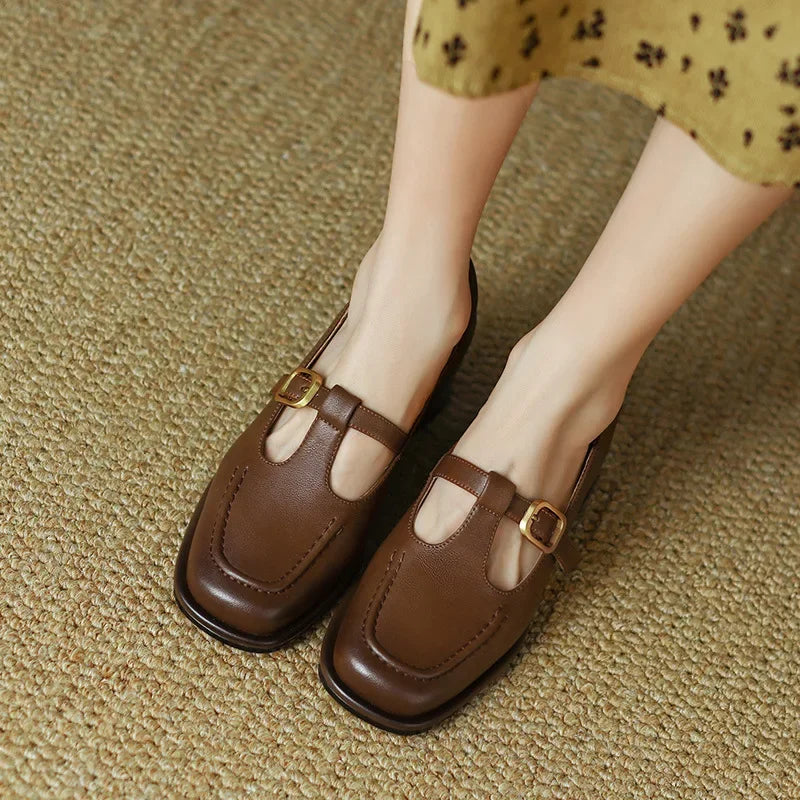 Sylvana Beaumont | Women's T-Strap Mary Jane Shoes Square Toe Low Block Heel