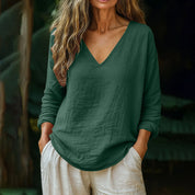 Aubrey Nelson | Cotton Linen V-Neck Long Sleeve Casual Top For Women
