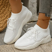 Emmeline Vaudreau | Beige Knit Lace-Up Sneakers for Women
